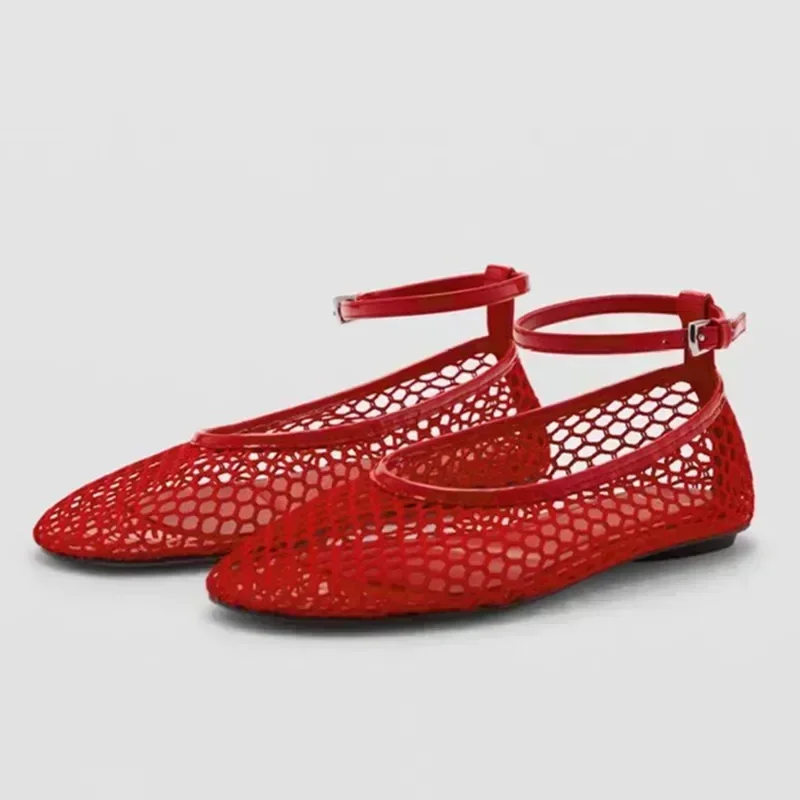 Fashion Hollow Design Mesh Breathable Women's Flats Sexy T-Strap Belt Buckle Ballet Shoe Non-Slip Soft Sole Cozy Shoes for Women