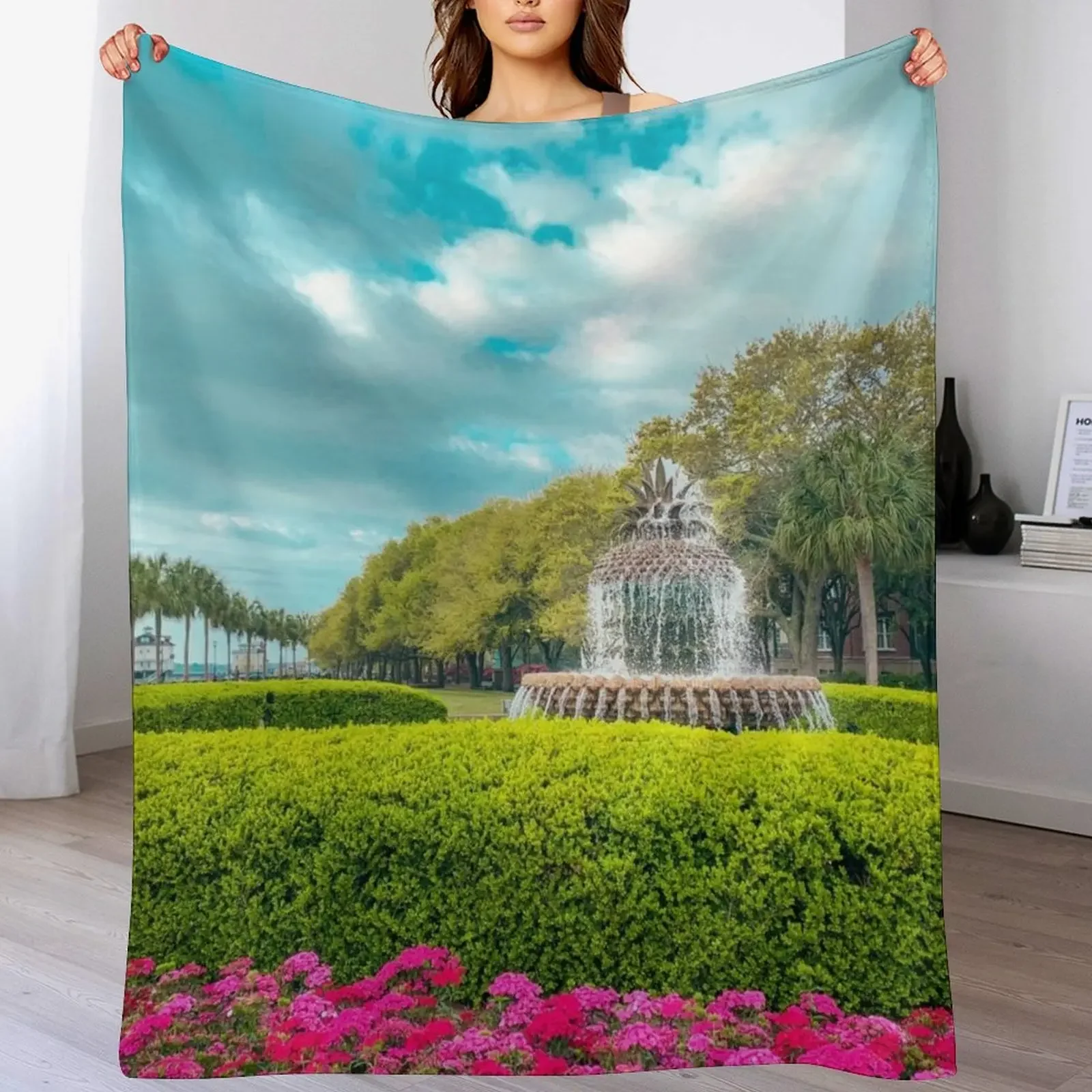 Waterfront Park and Pineapple Fountain, Charleston Throw Blanket Long Lasting Soft Plush Blanket for Daily Use