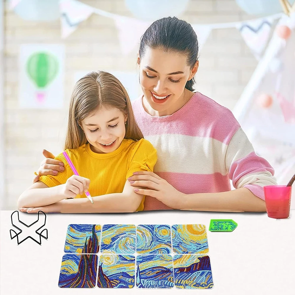 8 قطعة الوقايات الخشبية ماندالا الماس الوقايات 5D الماس اللوحة أطقم DIY كوستر الماس نقطة أطقم للبالغين المبتدئين