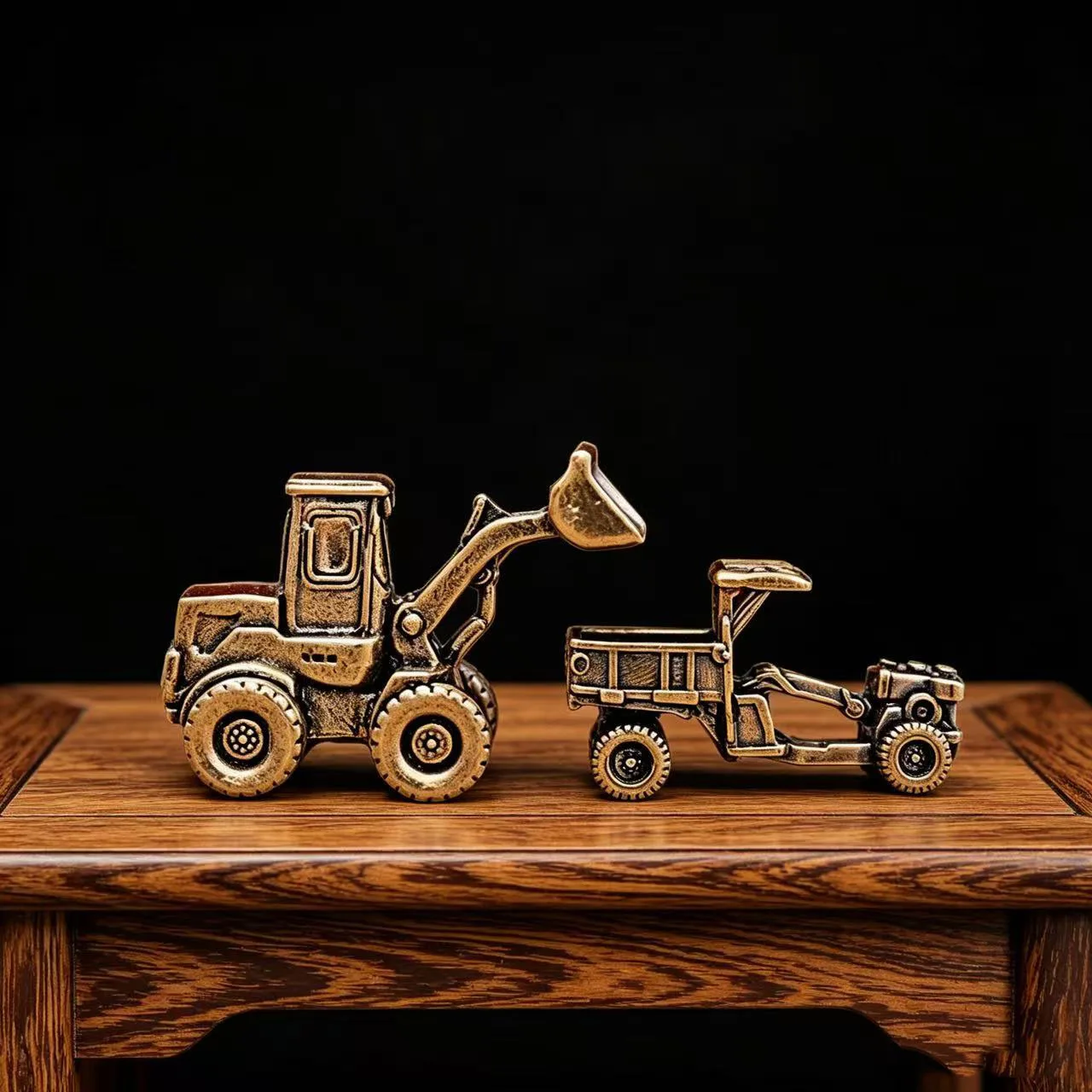 2pcsVintage Brass Mini Construction Truck Set Metal Bulldozer Dumper Miniature Figurine Desktop Ornament Collectible Gift
