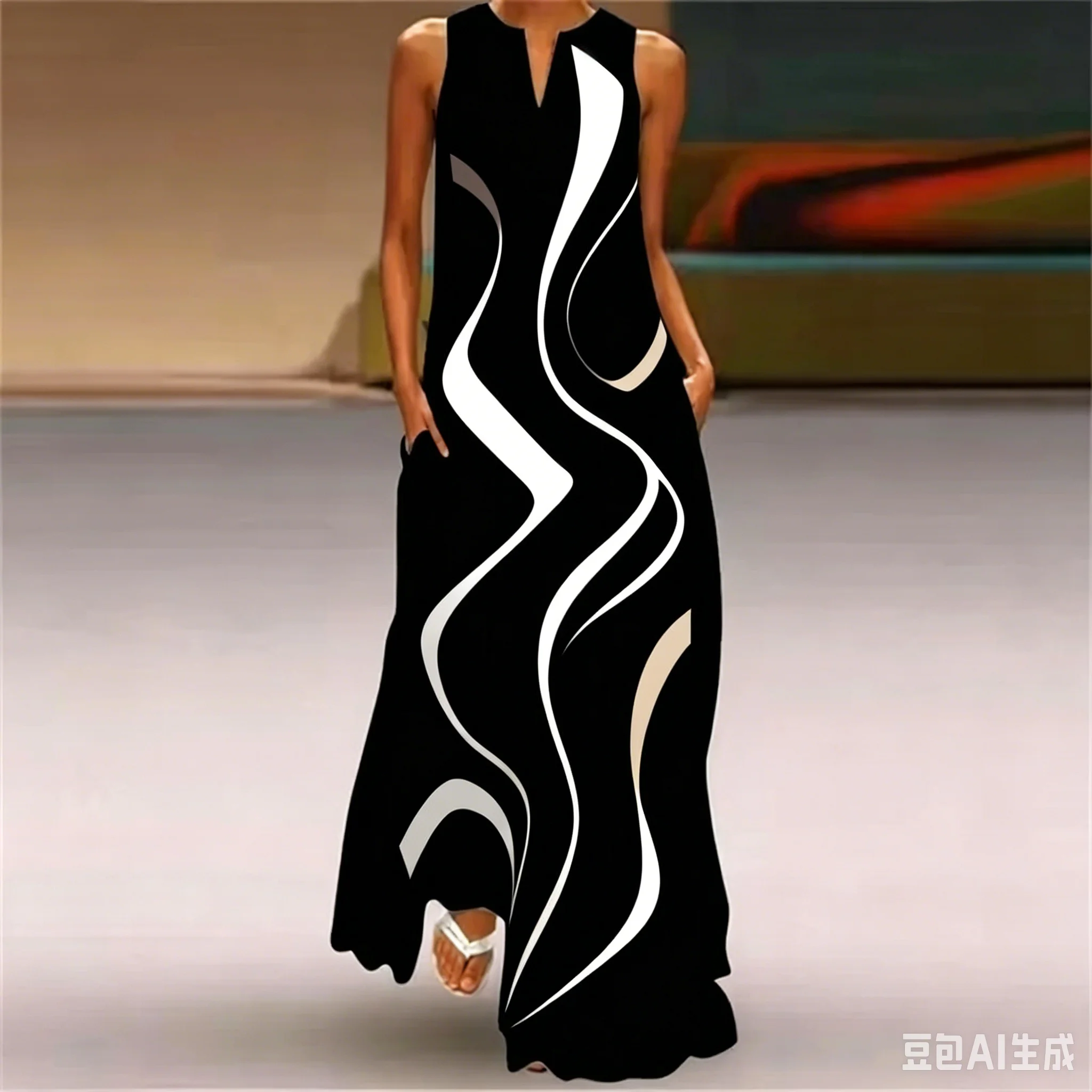 Fashion Abstract Stripe Dresses For Summer Women's Printed Sleeveless V-Neck Long Dress Ladies Casual Elegant Party Maxi Dresses