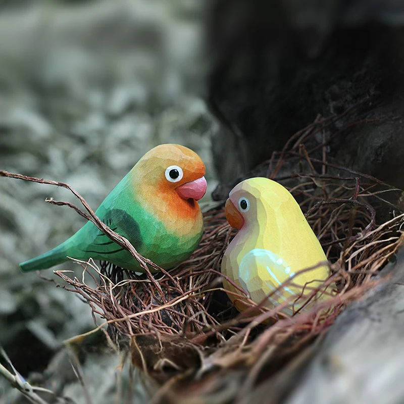 Wooden carving bird desktop decoration handicraft green peony parrot lovebird pure handmade solid wood ornaments