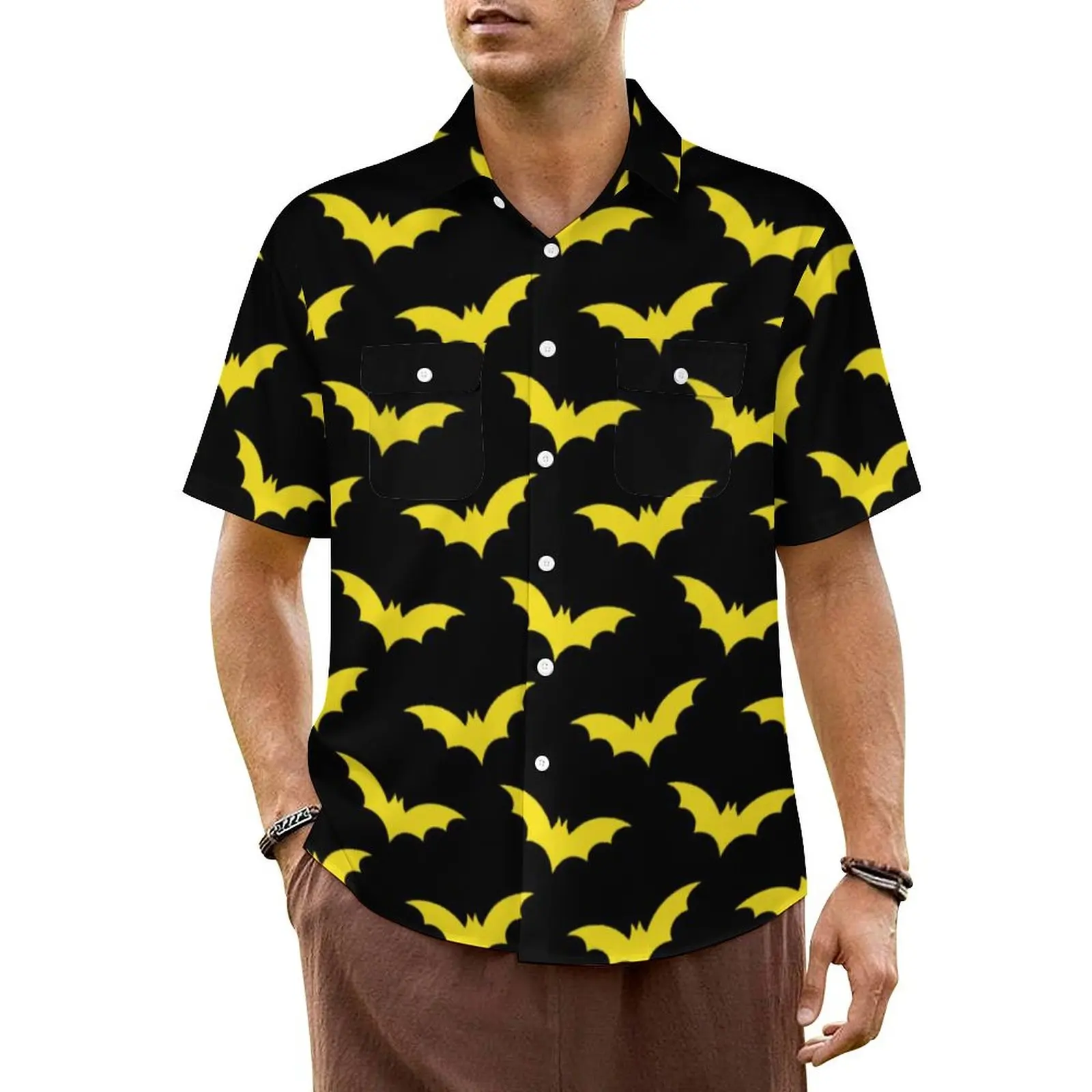 

Halloween Casual Shirt Black and Yellow Bats Elegant Hawaii Shirts Men Short Sleeve Vacation Comfortable Design Oversize Blouses