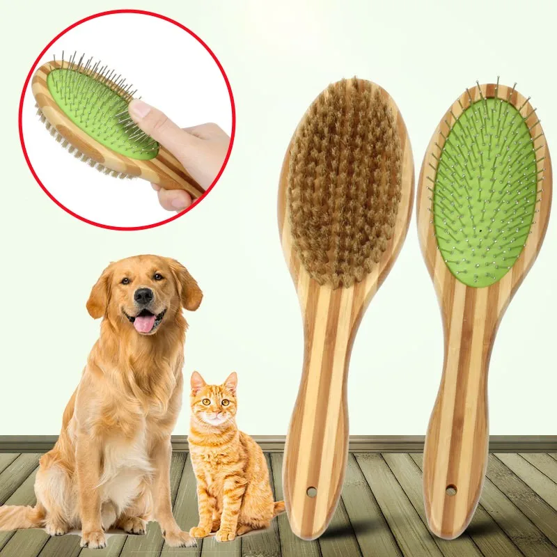 Dog Brush Bamboo Dogs Comb Double-sided Dogs Hair Brush Pet Grooming Massage Comb Stainless Steel Dog Hair Remover Pet Supplies