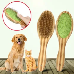 Brosse à cheveux double face en bambou pour chien, peigne de massage, acier inoxydable, toilettage, fournitures pour animaux de compagnie