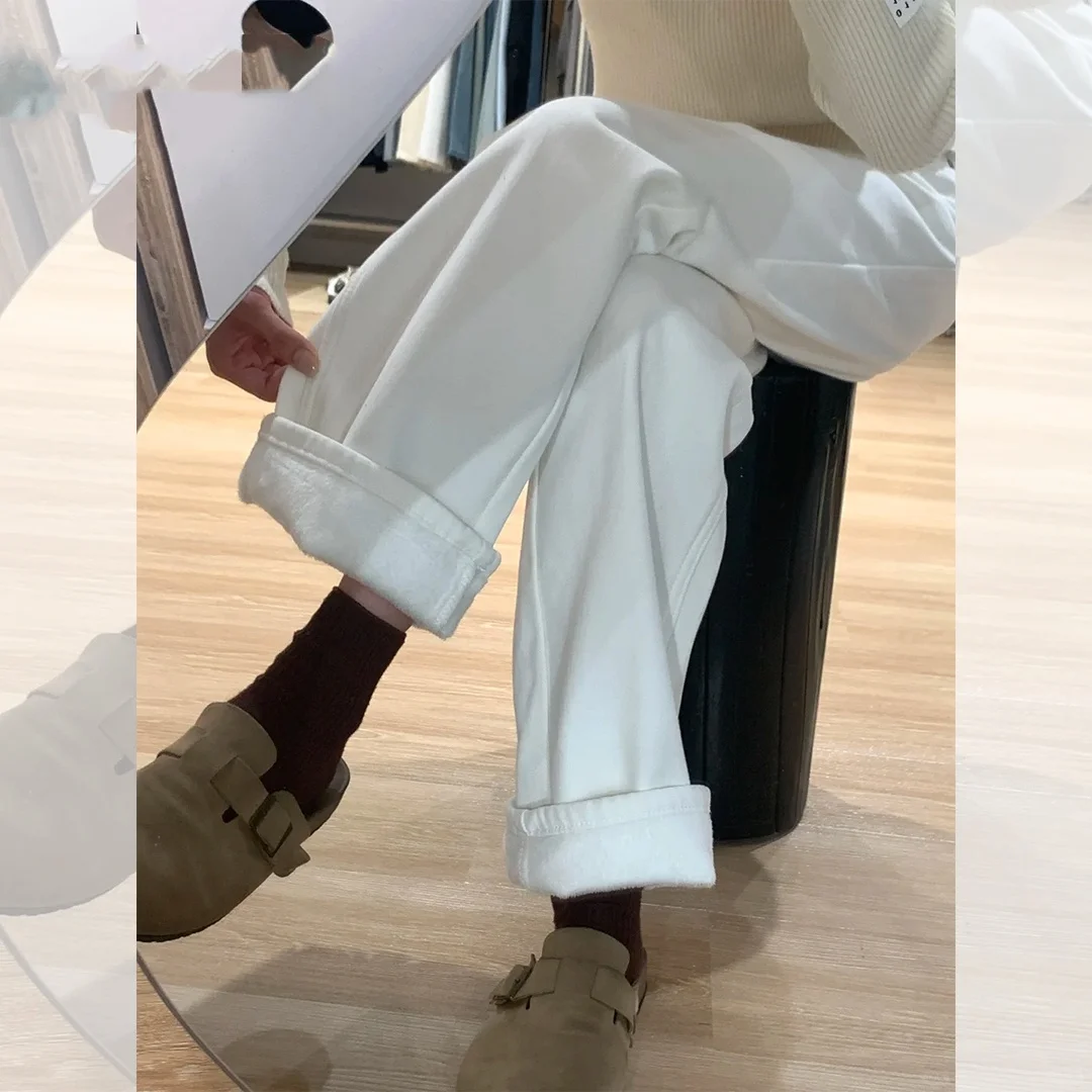 

Новые зимние прямые джинсы с высокой талией на подкладке, женские теплые брюки длиной до пола, прикрытие тела груши