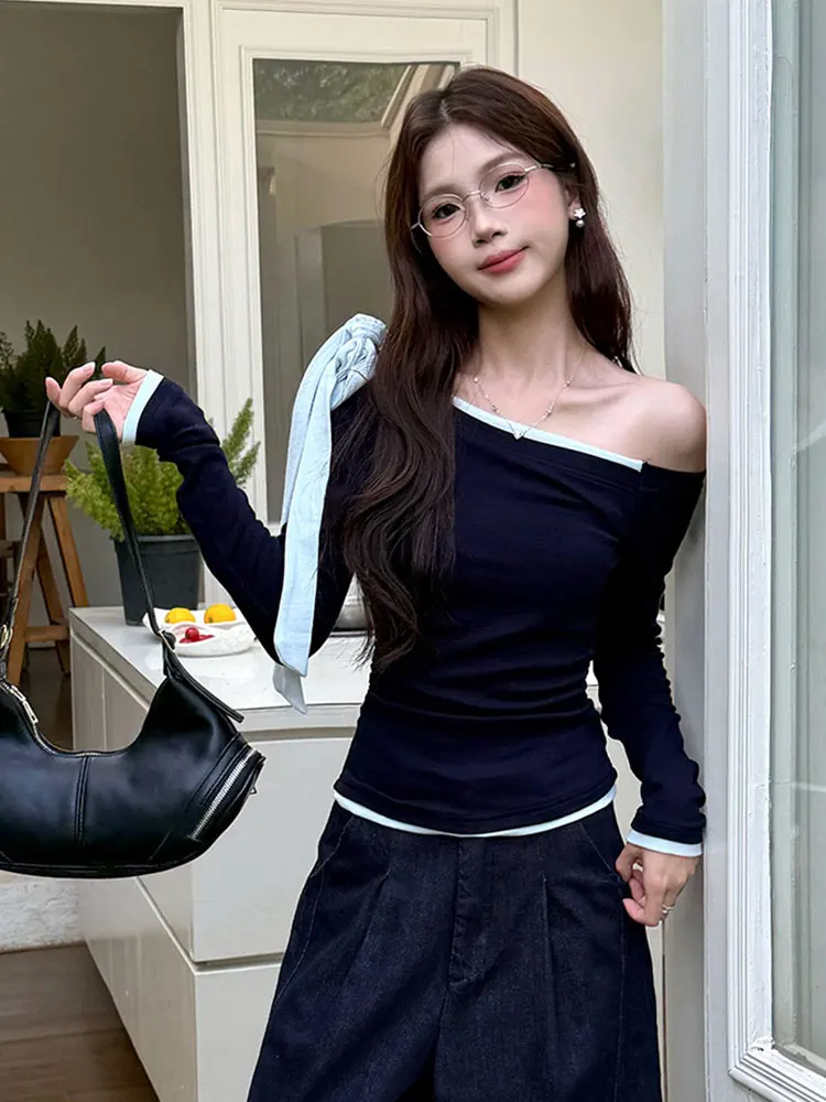 سليم صالح طويل Sve تي شيرت المرأة الخريف جديد Sle فتاة حار تصميم تحسس اللون كوليون حزام Ne Uneven Top Ins