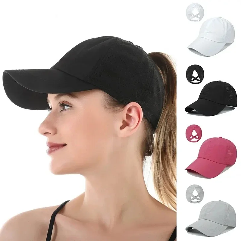 Berretto estivo ad asciugatura rapida moda donna tinta unita maglia sottile traspirante protezione solare berretto da Baseball sport croce coda di cavallo Cap