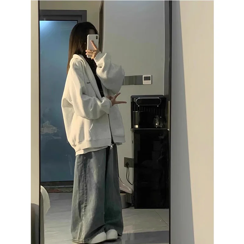 

Корейский стиль: оверсайз кардиган-свитшот с длинными рукавами для женщин, весна-осень, тонкий, в расслабленном стиле, свободный крой, американский большой размер