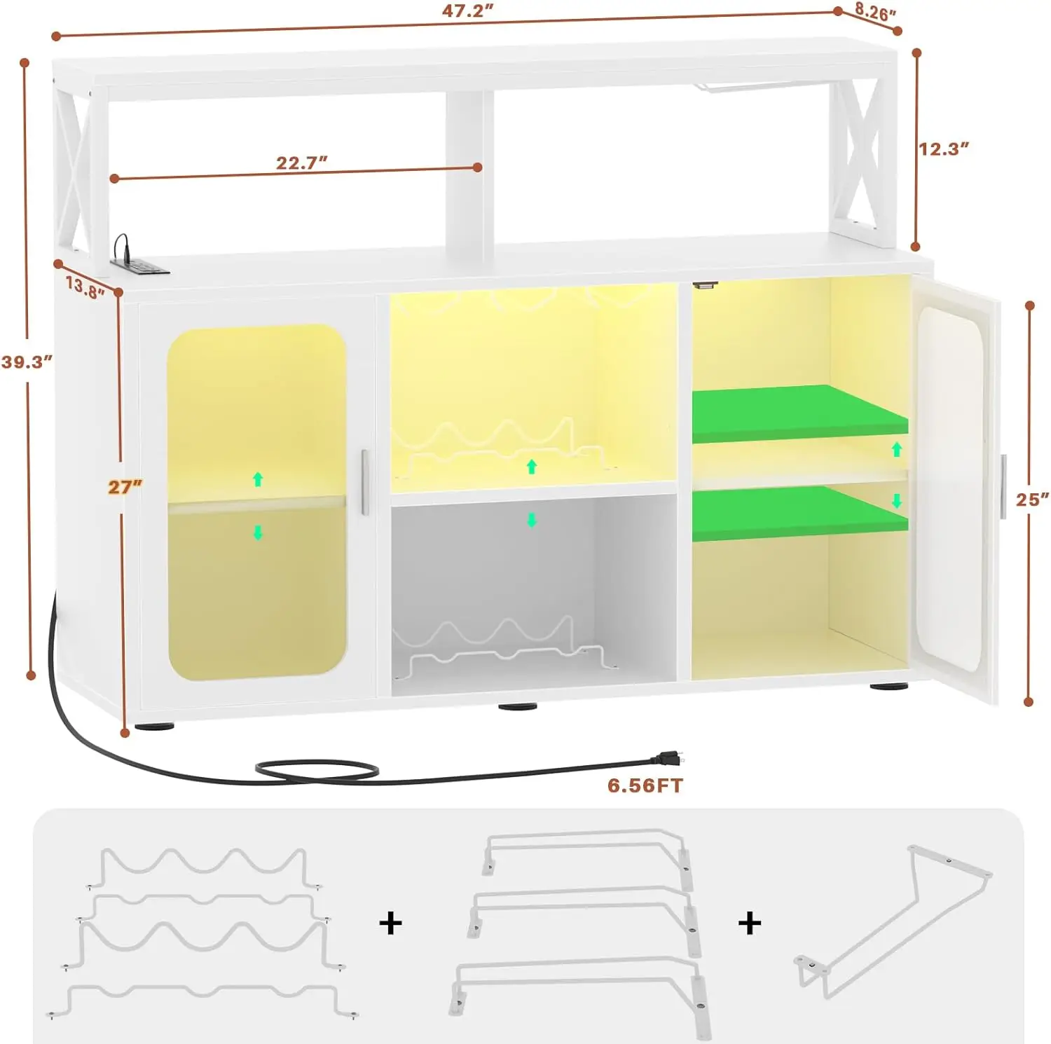 Bar Cabinet with Power Outlet, Liquor with Led Lights and Glass Holders, Storage Buffet Coffee Bar Cabinet