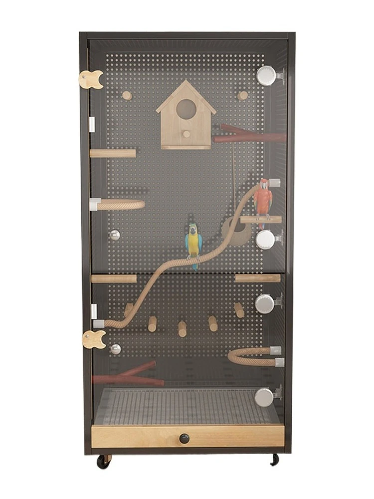 Wooden Solid Parrot Aviary Cage, Outdoor/Indoor Flight Cage with Perches for Cockatoo, Macaw & Medium-Large Birds
