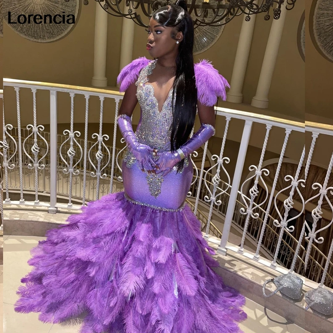 Lorencia Sexy Purple Feathers Mermaid Prom Dress For Black Girls Silver Crystal Beaded Party Gala Gown Vestidos De Festa YPD121