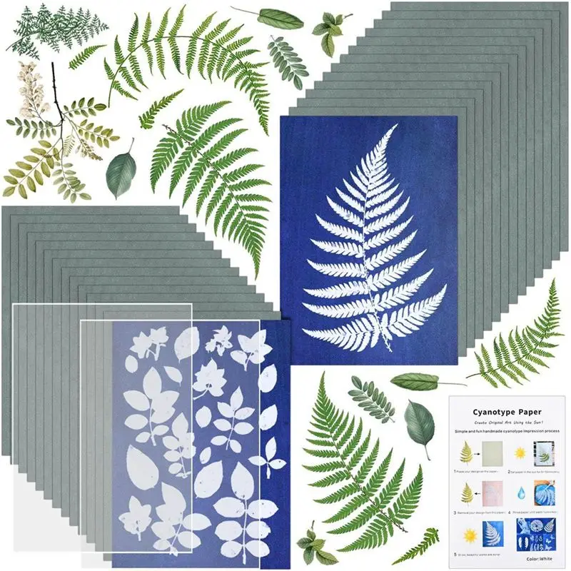 A89X Sun Print Paper Kit, Cyanotype Paper, 32 Sheets Cyanotype Paper with 2 Sheet Acrylic Panel for Arts Crafts DIY Project