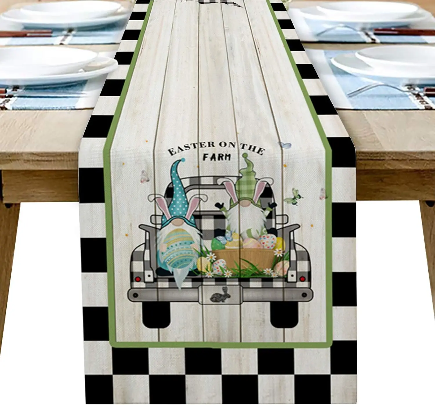 Easter Gnomes Colorful Eggs Farm Truck Table Runner, Rustic Black Buffalo Check Plaid, Farmhouse Kitchen Home Dining Decor