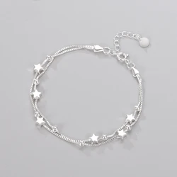 925 Sterling Silver Charm Link Bracelet with Stars and Beads for Women Jewelry Gift for Teen Girls - Adjustable Length 20cm