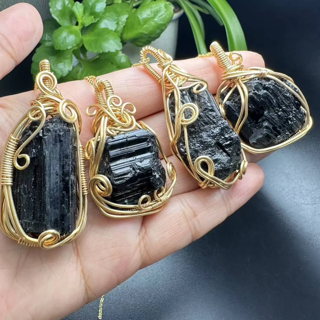 1Pc Fengbaowu Natural Raw Rough Black Tourmaline Pendant Irregular Shape Wire Wrapping Necklace Reiki Healing Stone Jewelry Gift