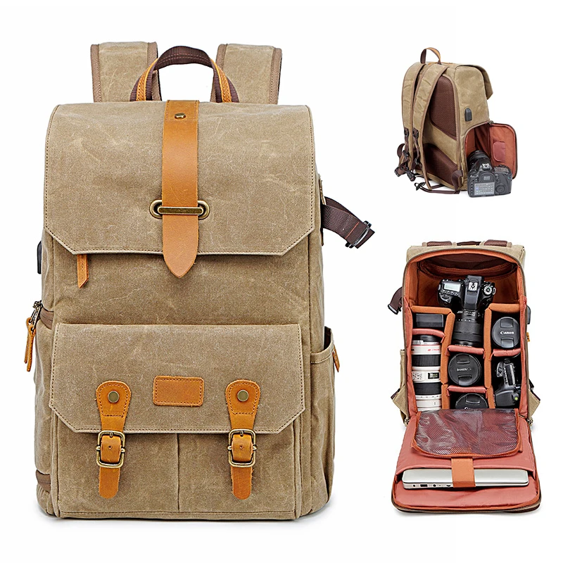 

Vintage Camera Backpack Waterproof Photography DSLR SLR Camera Bag Waxed Canvas Travel Photo Backpack with Tripod Holder