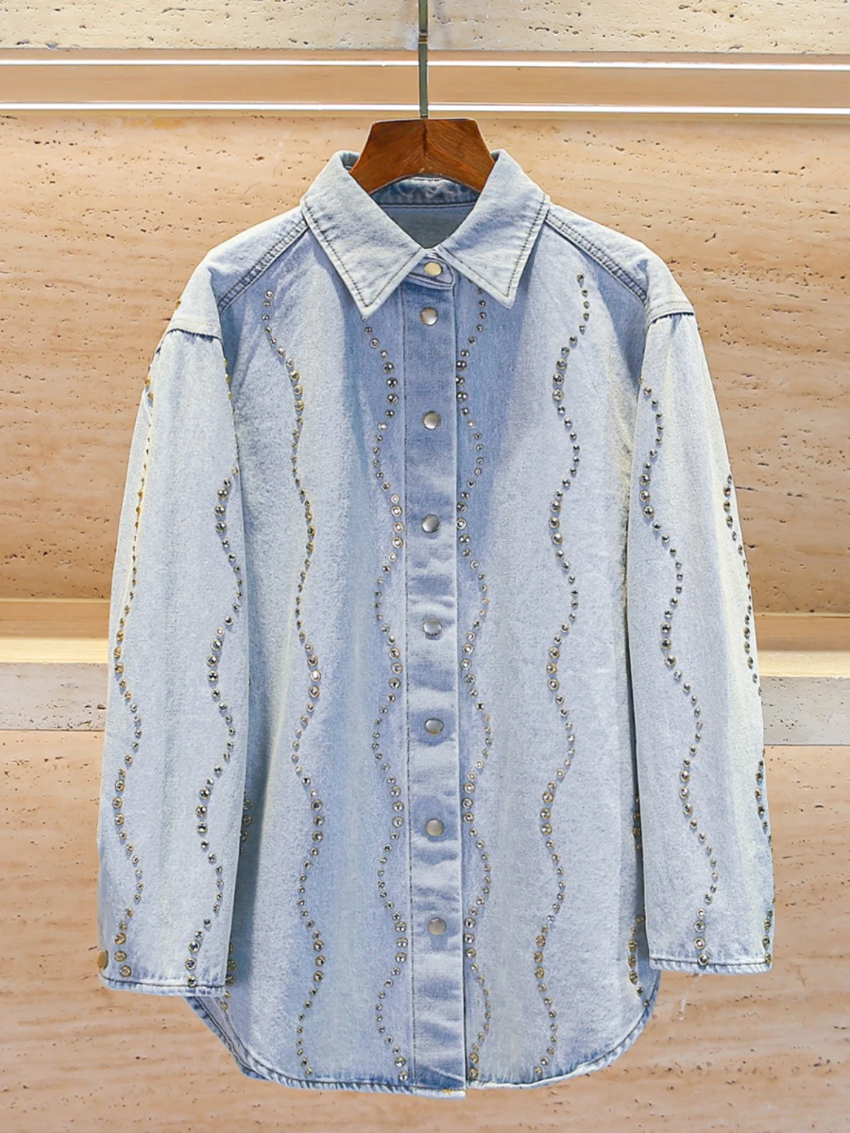 

Ele Blue Ne Rhinestone irt Women's Top Gentle Sle Commute Sle Straight Cut Long Sve Button Closure