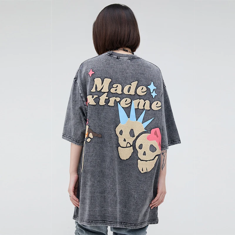 Men T Shirt Streetwear Funny Skull Graphic T Shirt 2023 Fashion Harajuku HipHop Oversize Vintage Washed Tshirt Cotton Tops Tee