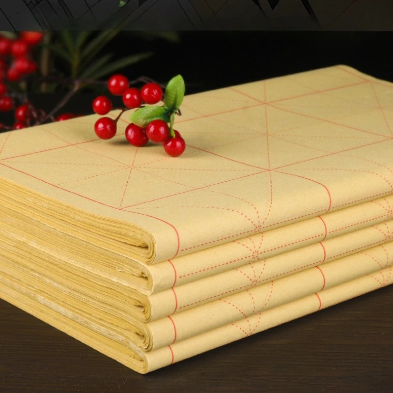 Papel de Borde Crudo, Especial para Caligrafía, Papel de Arroz para Principiantes, Cuadrícula de Caracteres de Arroz Semicocido, Pincel para Escribir Caracteres