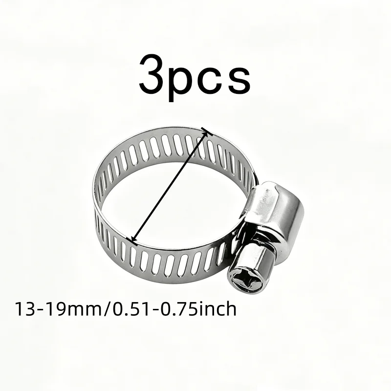 3 pcs 13-19mm Stainless Hose Clamps for Washing Machine Tube, 304 Stainless Steel, Easy Screw Tighten, Multipurpose