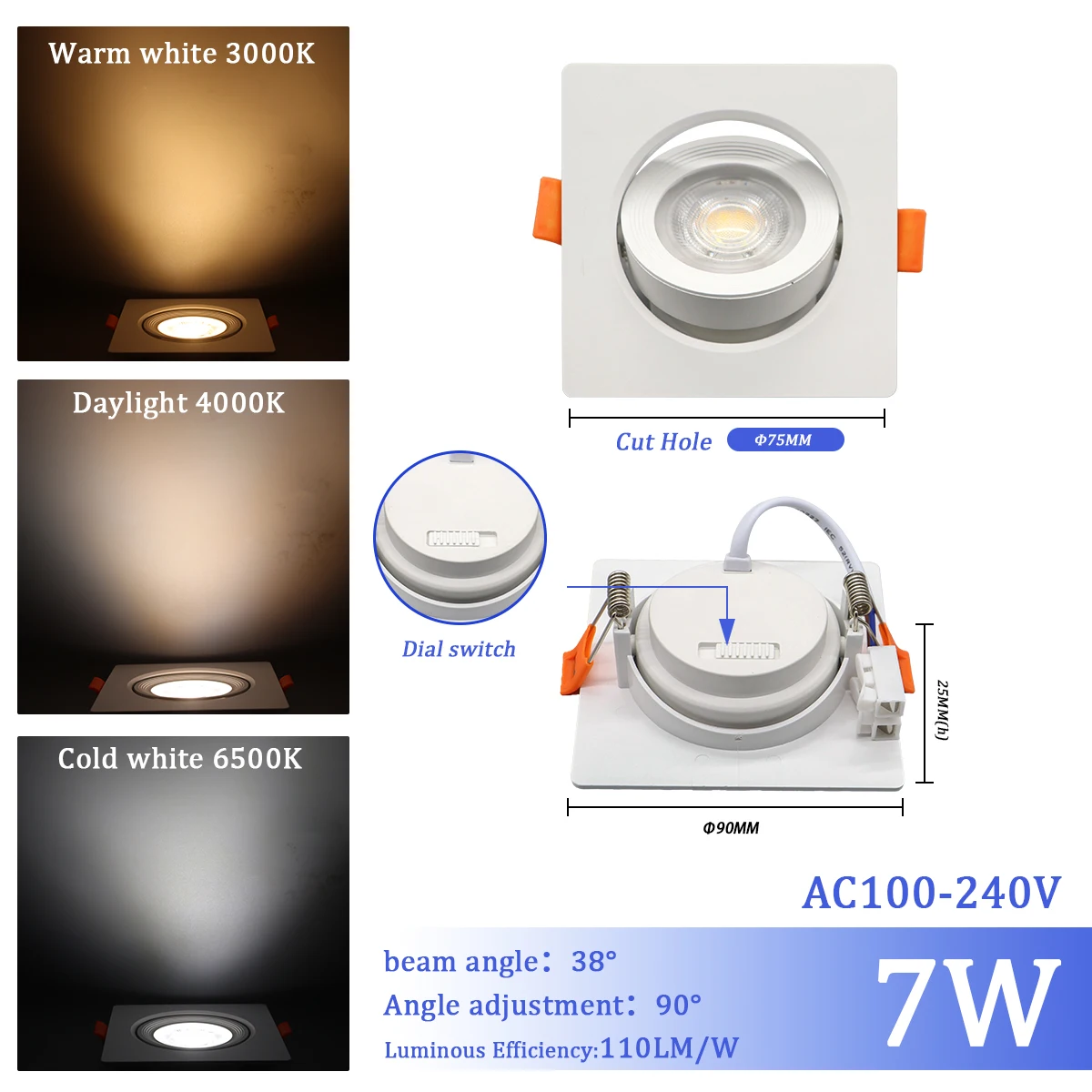 1-10 stks LED Kleurverandering 3 CCT 3000 K 4000 K 6000 K LED Plafondspot ingebed licht 7 W AC 110 V 220 V Aanpassen 90 °   verlichting Spot