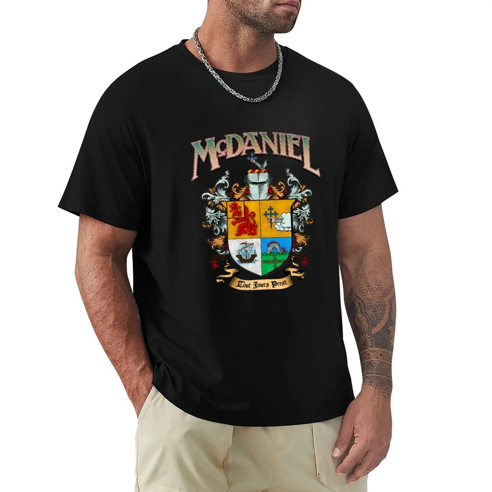 

McDaniel family crest / heraldic shield / coat of arms T-Shirt plus sizes baggy shirts mens tall t shirts