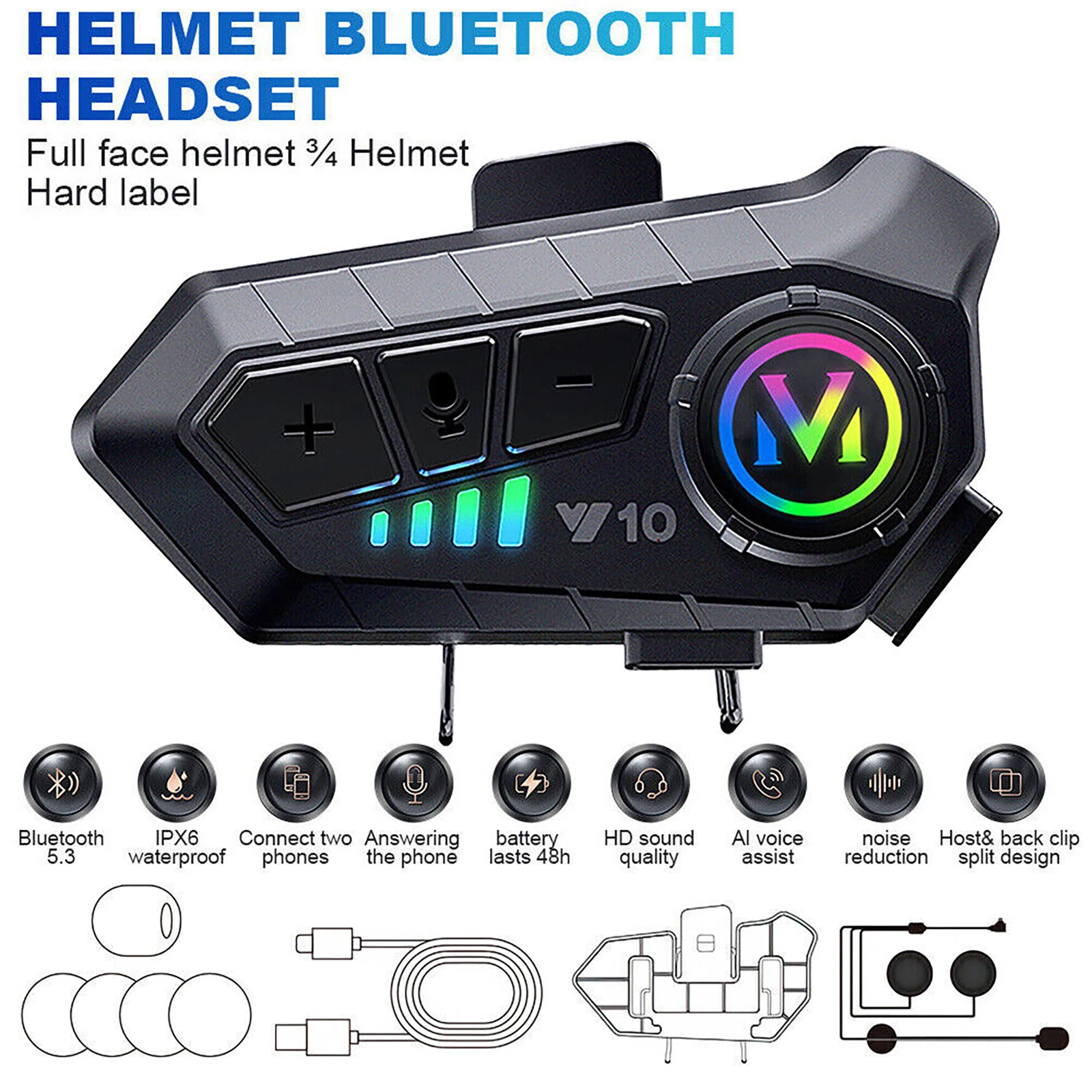 Music Interphone Bluetooth 5.3 Motorcycle Helmet Intercom Headset Wireless Call Waterproof 20m Intercomunicador Speaker Earphone