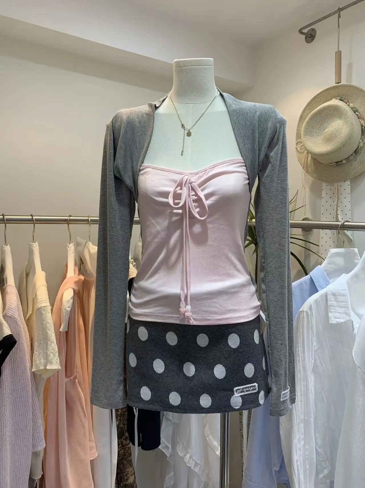 Korean Sweet Sexy 2 Piece Set Women Contrast Layered Ruched Tie Front Long Sleeve Slim Fit Crop Top Polka Dot Mini Skirt Suit