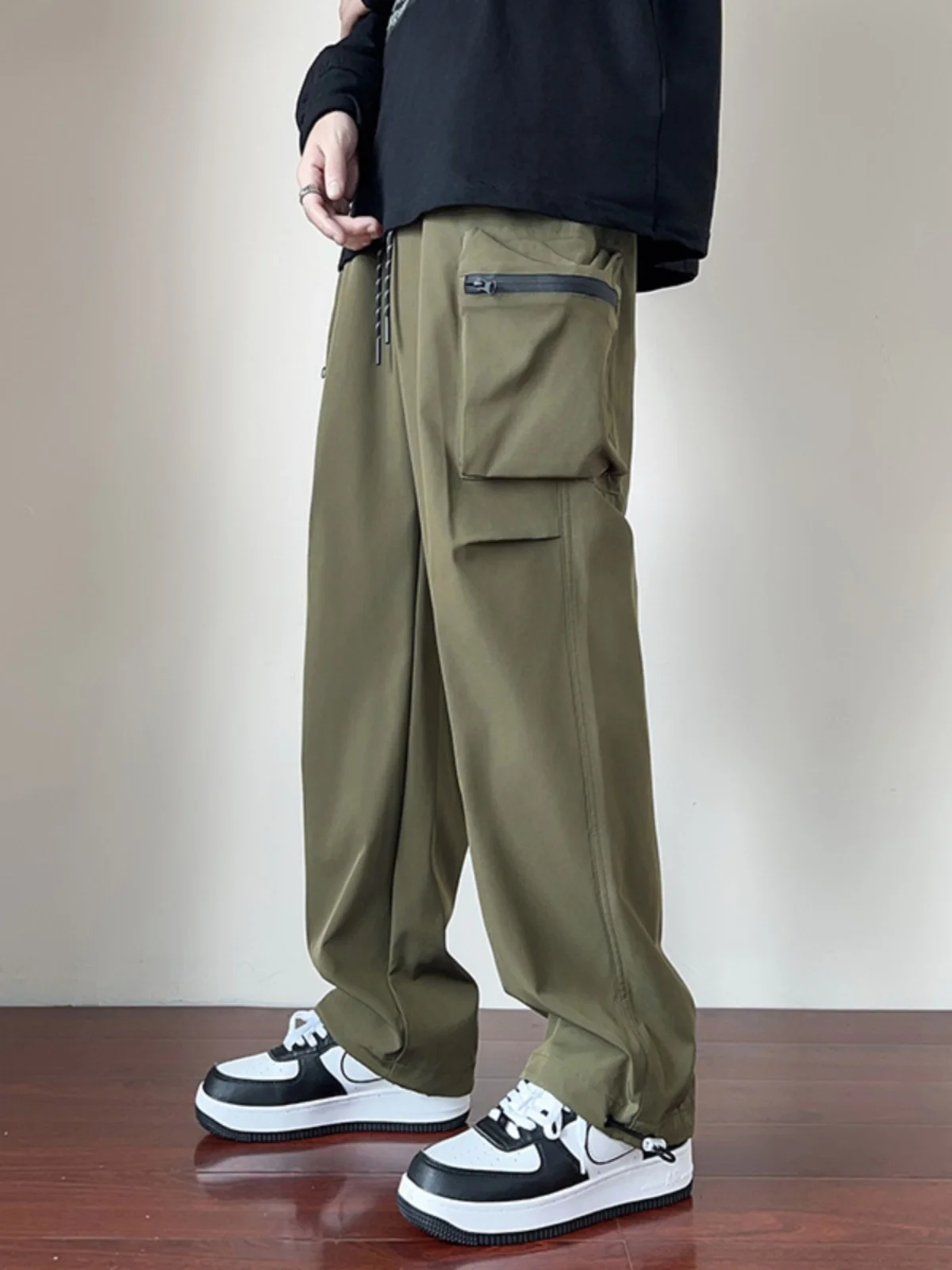 

American Sle Casual Work Pants Men's Spring Autumn Straight Leg Dstring Soldier Pants Trendy High Street Loose Long Trou...