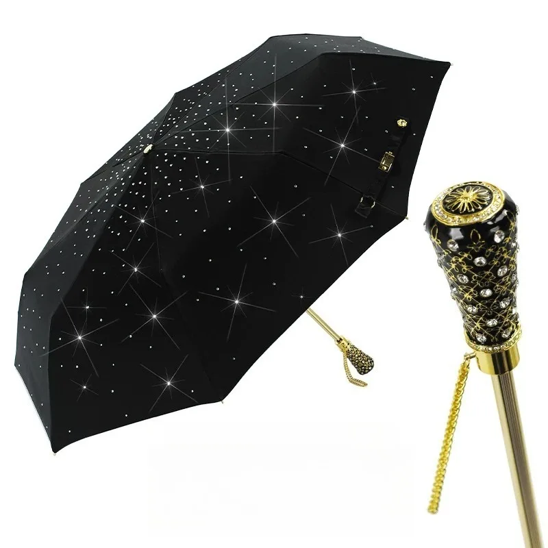 Star Top Umbrellas Women Sunscreen UV Protection Umbrellas Luxury Rhinestone Handle Waterproof Umbrella Folding Rain Gear