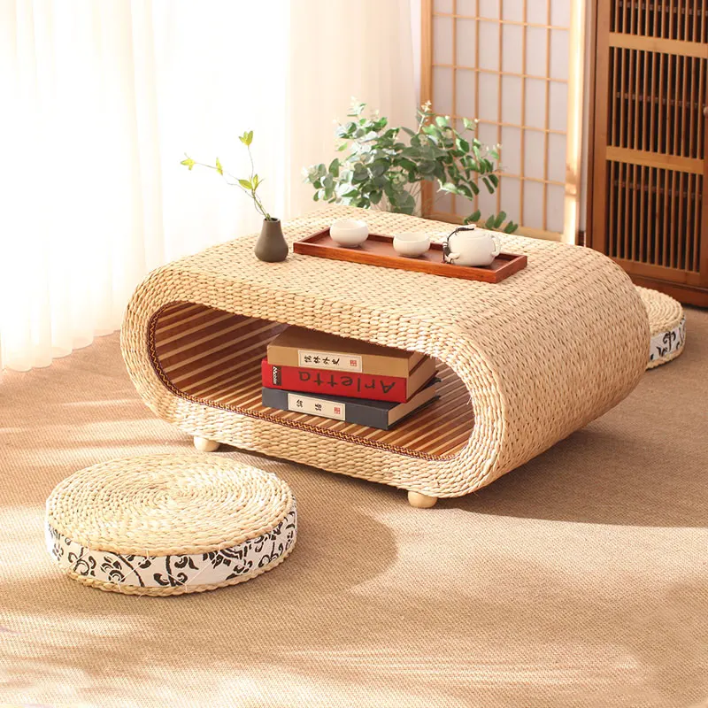 Grass art house, straw tatami mat coffee table, Japanese bay window table, small coffee table, simple balcony low table, floor t