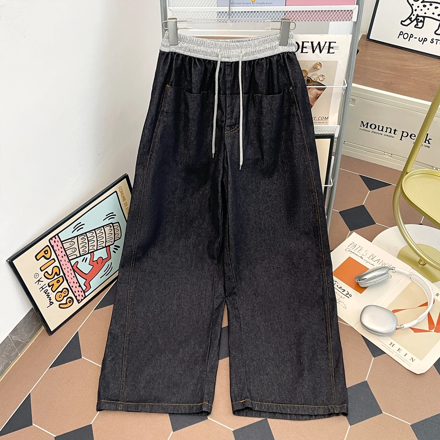 Calça jeans masculina com emenda azul profundo, cintura elástica, cordão, perna larga, outono, moda casual, cor contrastante