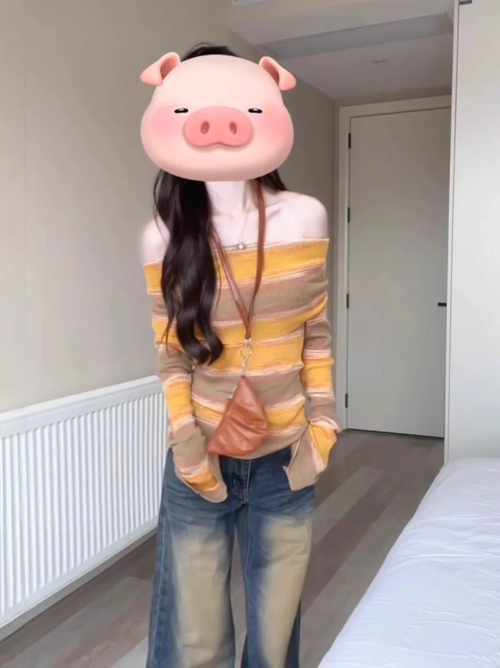 レディースニット長袖ワンショルダーベースシャツスリムフィットインナーウェアTシャツ通勤スタイル春秋シーズンストライプ柄