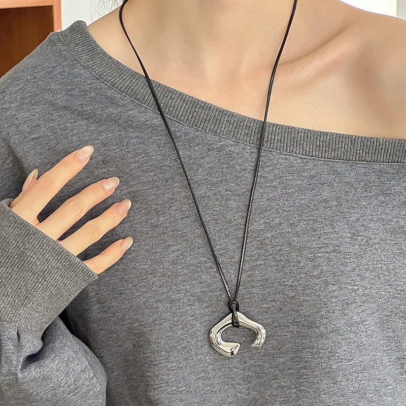 Brown Leather Rope Long Necklace Abstract Geometric Silver Pendant Sweater Chain Lightweight Elegant Unique for Women Daily Use