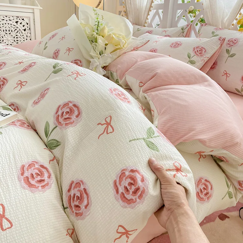 

Sweet Flower Print 4-Piece Bedding Set Brushed Bed Sheets Comforter Sets Duvet Cover Bedspreads for Double Bed