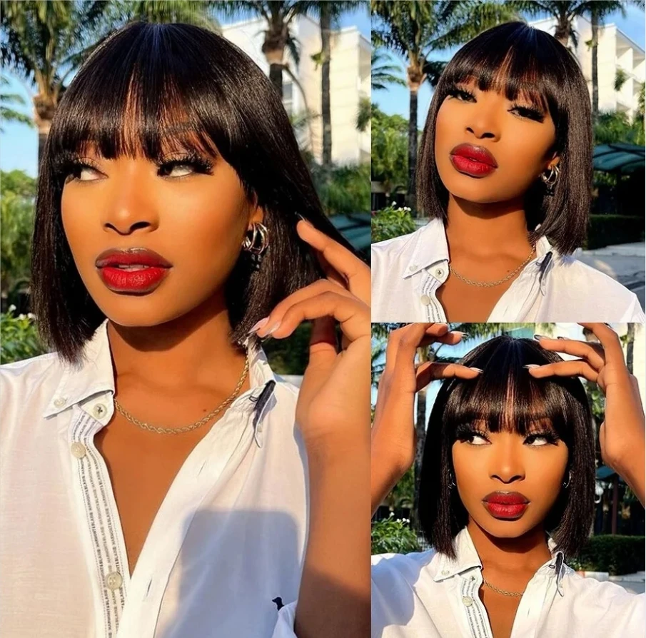 

Full Machine Made Bob Wig With Bangs 8/10/12inch Short Wigs 100% Human Hair Top Quality Wigs Silky Straight Brazilian Wigs