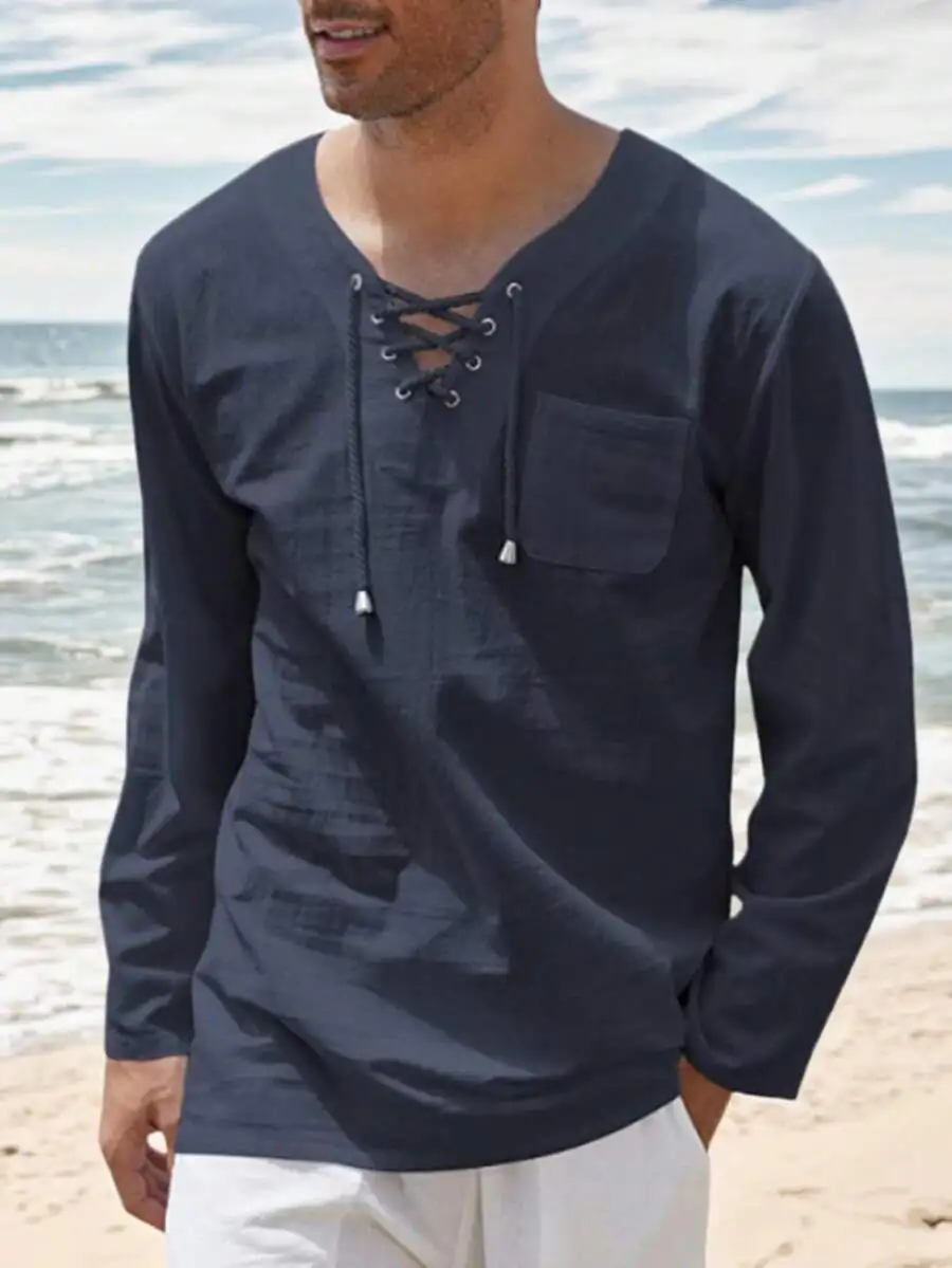 

Mens Casual Cotton Linen Long Sleeve Lace Up V Neck Beach Shirt