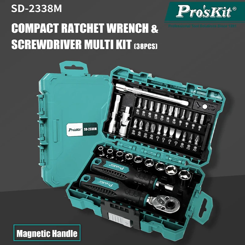 Pro'sKit 38Pcs Multi‑Function Ratchet Wrench Set High Torque 2‑Way Grip Heavy‑Duty Precision Combination Tool Kit Hand Tool Set