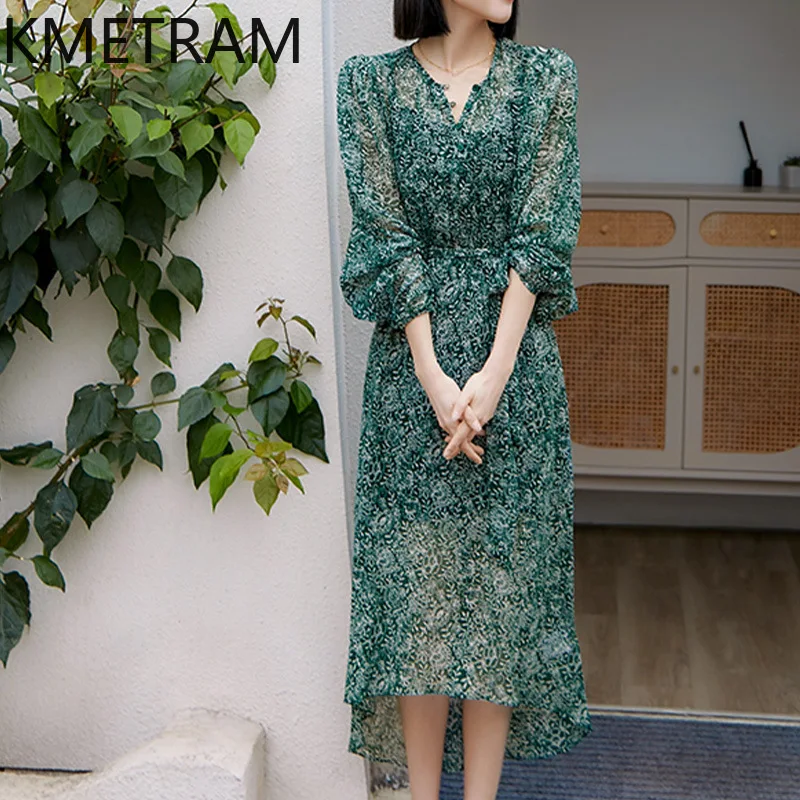 KMETRAM Mulberry Silk Georgette Puff Sleeve Dress for Women 2024 Summer Gentle Floral A-Line Dresses Women's Clothing New