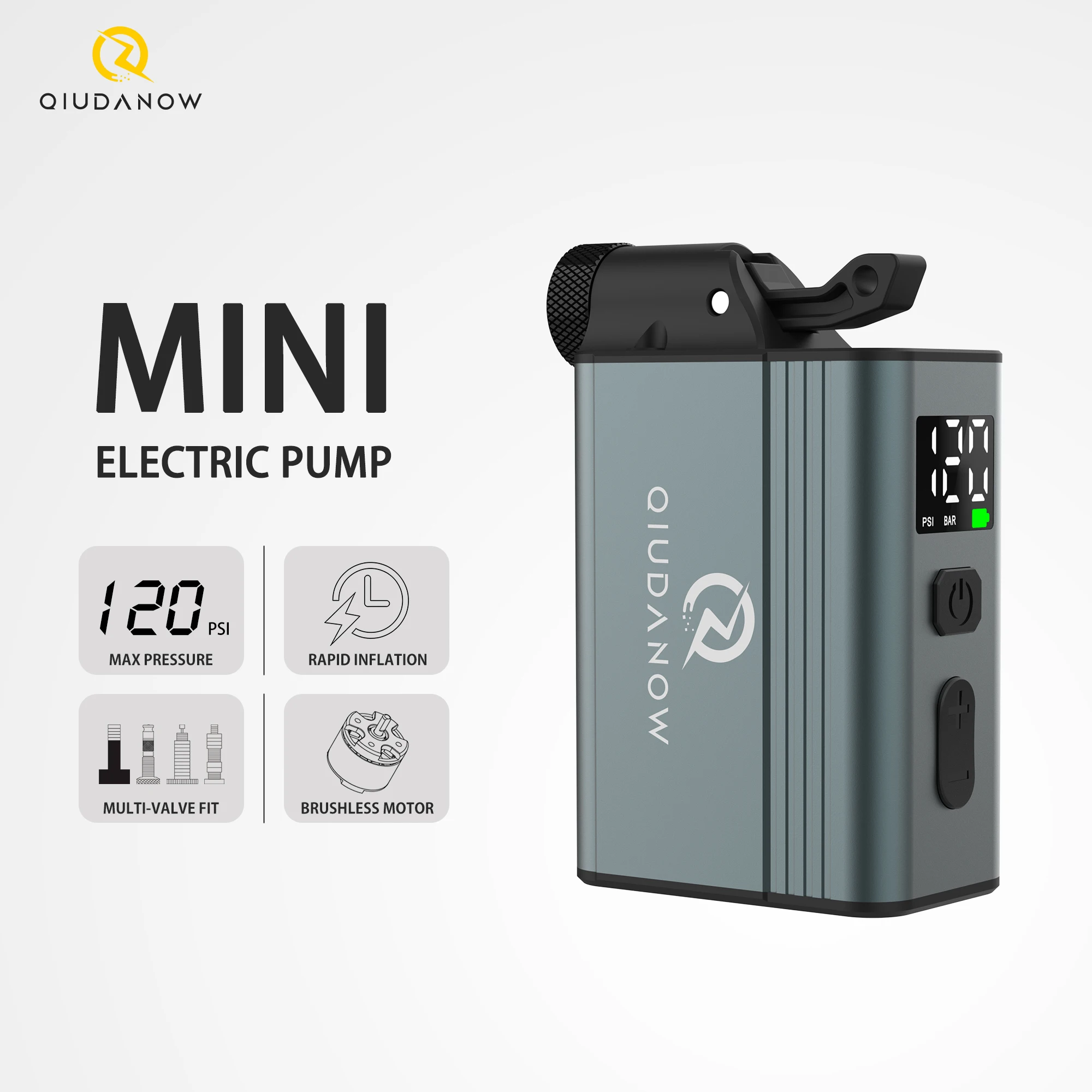 Inflador Elétrico Portátil Mini para Bicicleta QIUDANOW, Medidor de Pressão de Pneu, Bomba de Ar Sem Fio, Válvulas Schrader, Presta e Clik, Acessórios para Bicicleta