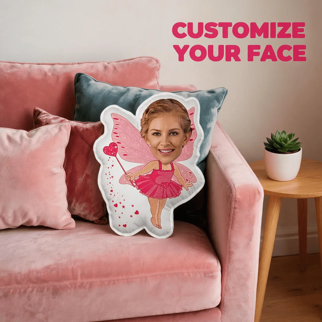Custom Photo Fairy-Shaped Pillow, Personalized Face with Pink Wings & Wand Decorative Cushion, 70CM Novelty Home Decor Accent fo