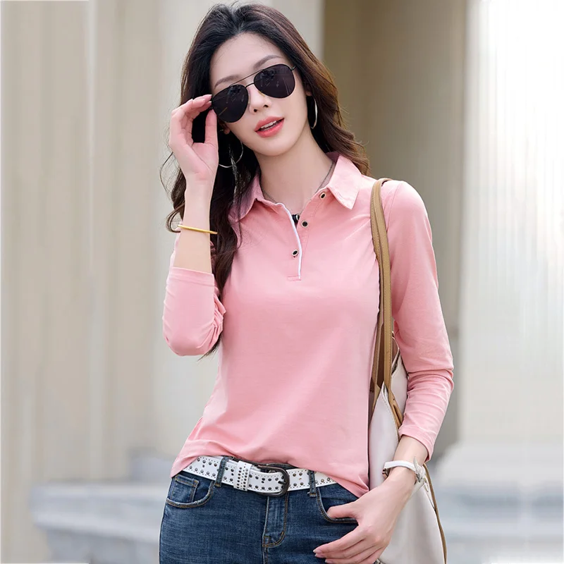 

New Women Turn-down Collar T-shirt Spring Autumn Fashion Solid Color Long Sleeve Loose Cotton Tees Casual Basic T-shirt Female