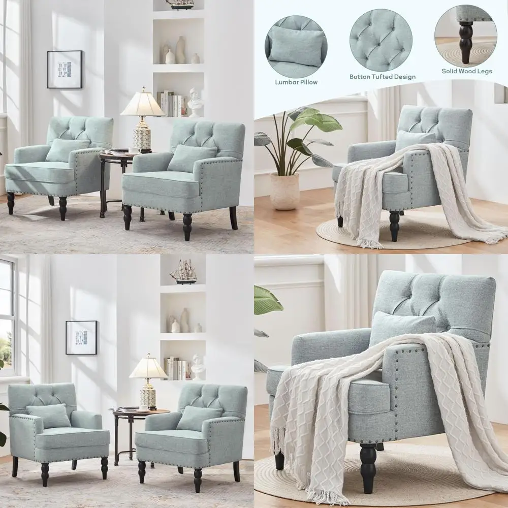 Par de sillas decorativas con estilo club capitoné y almohadas lumbares, sillón tapizado con botones, sofás de tela de lino