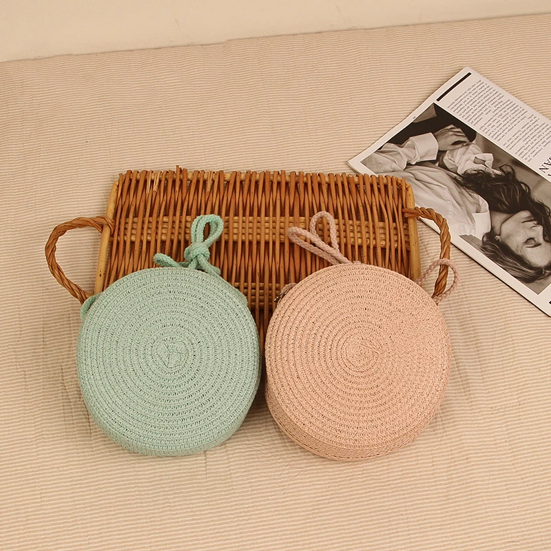 Summer Round Straw Bag For Women Woven Handmade Shoulder Bag New Travel Rattan Beach Bag Casual Style Crossbody Bag Handbag Purs