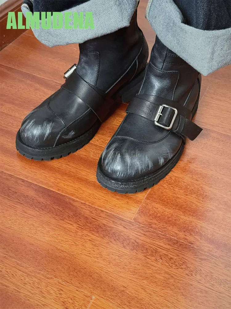 

Belt Buckle Sleeve Short Boots Black Minimalist Style Round Toe Thick Sole Versatile Casual Retro Height Increasing Short Boots