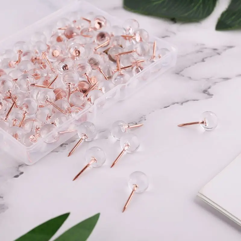 Chinchetas de empuje transparentes de oro rosa para dibujo, tachuelas para pared, material escolar y de oficina, 100 unids/caja