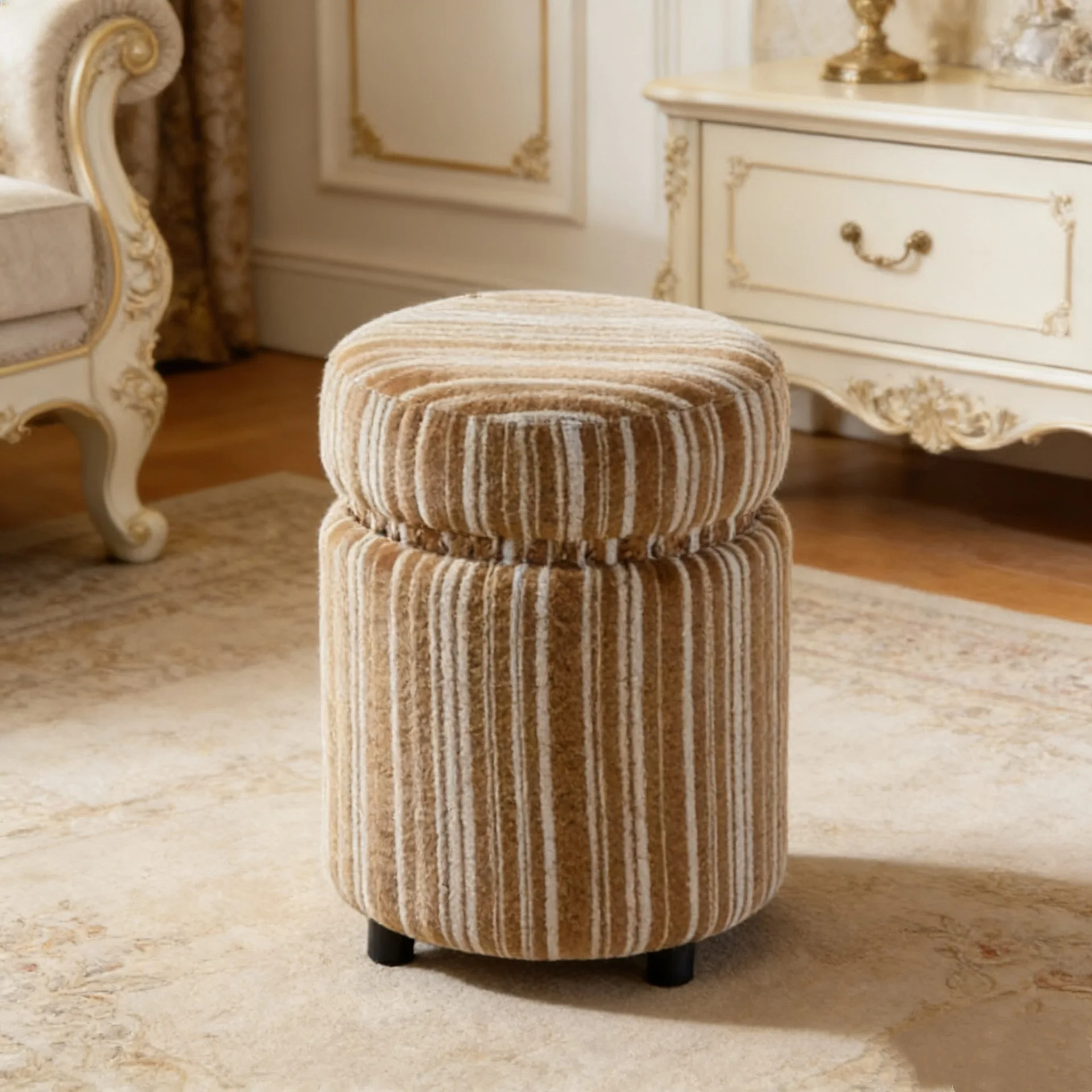 Retro jacquard round stool solid wood bedroom soft seat stool home living room shoe changing