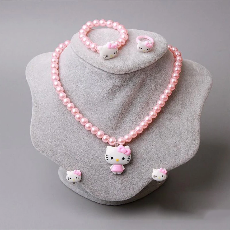 4pcs/set Sanrio Cartoon Hello Kitty Necklace Finger Ring Bracelet Set Kawaii Birthday Gifts For Girls Jewelry Accessories