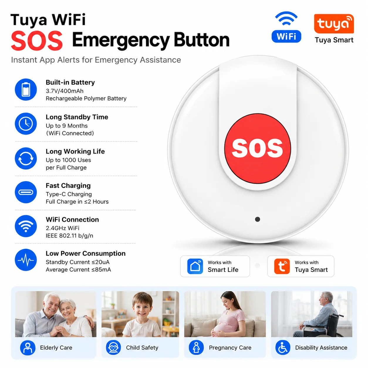 tuya-wifi-sosボタン-スマート緊急パニックボタン-高齢者向けホームケア-スマートライフアプリ-家族共有-24ghz-type-c-充電式